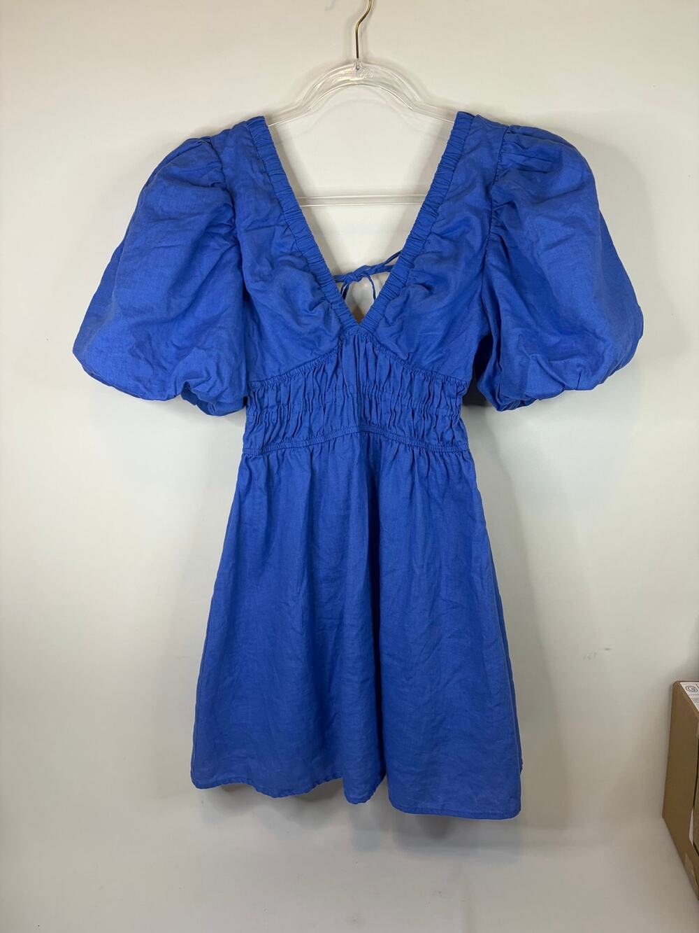 Amalie The Label Khaila Linen Plunge Puff Sleeve Mini Dress in Blue Size US 6
